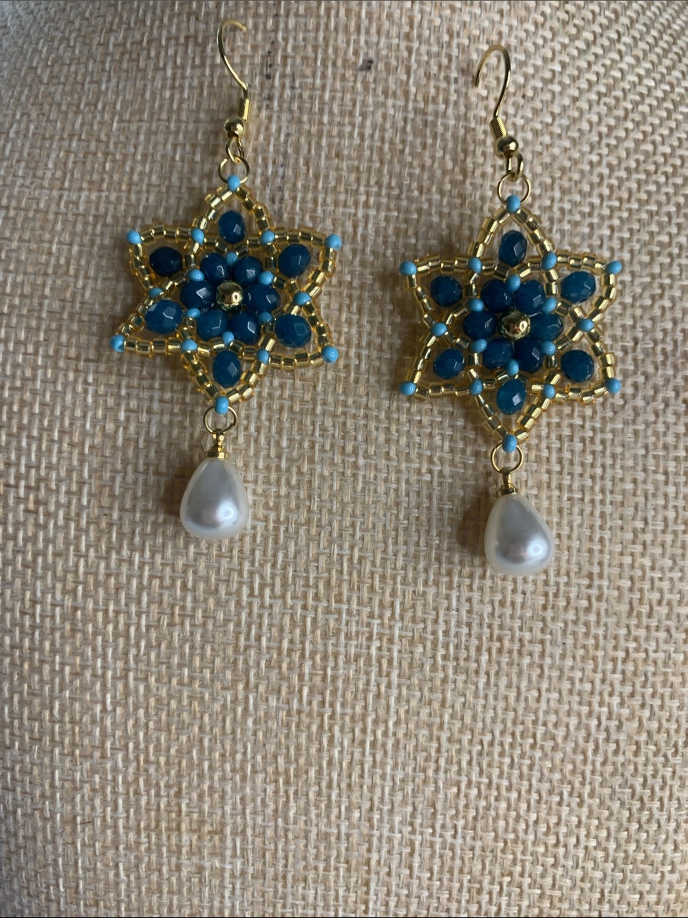 Gold and Teal Star Drop Earrings with Faux Pearl Teardrop Glass Beads and Metal